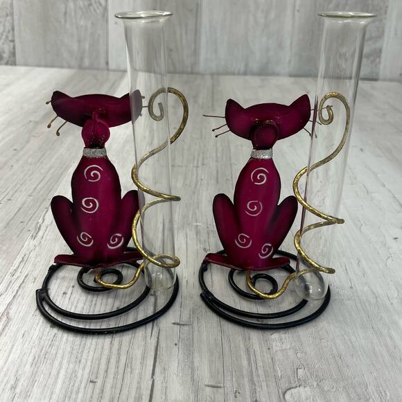 Vintage Metal Glass Whimsical Pink Swirl Cat Test Tube Bud Vase Set - Picture 2 of 8